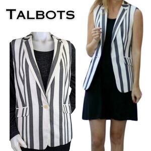 Talbots Vest Blazer 16 Petite Gray White Striped Woven Cotton Blend Lined Career
